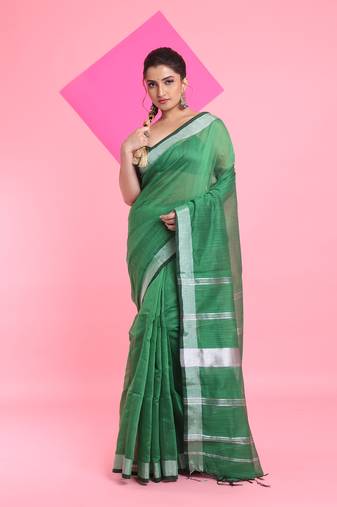 Green cotton silk saree with zari woven stripes pallu
