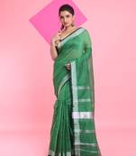 Green cotton silk saree with zari woven stripes pallu