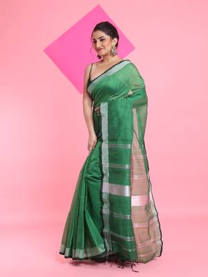 Green cotton silk saree with zari woven stripes pallu 2