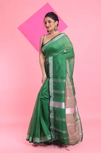 Green cotton silk saree with zari woven stripes pallu
