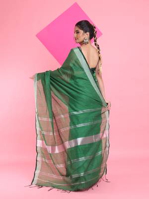 Green cotton silk saree with zari woven stripes pallu 3