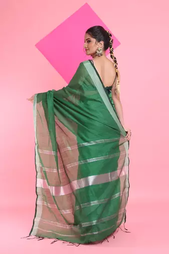 Green cotton silk saree with zari woven stripes pallu