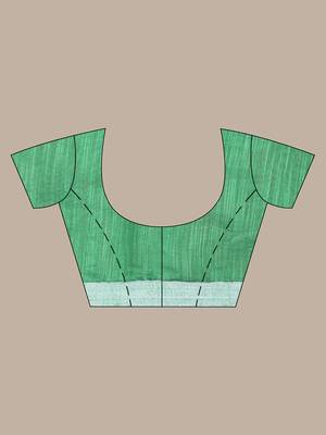 Green cotton silk saree with zari woven stripes pallu 5