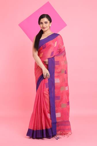 Punch pink tissue saree with woven designs