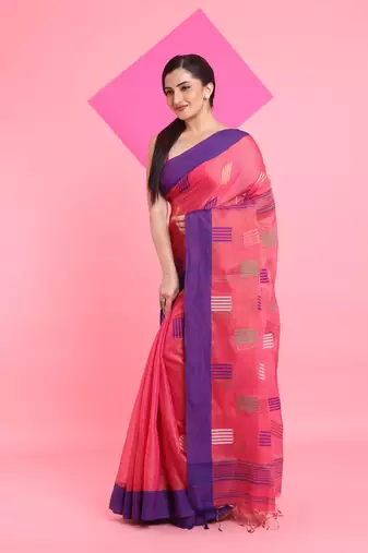 Punch pink tissue saree with woven designs
