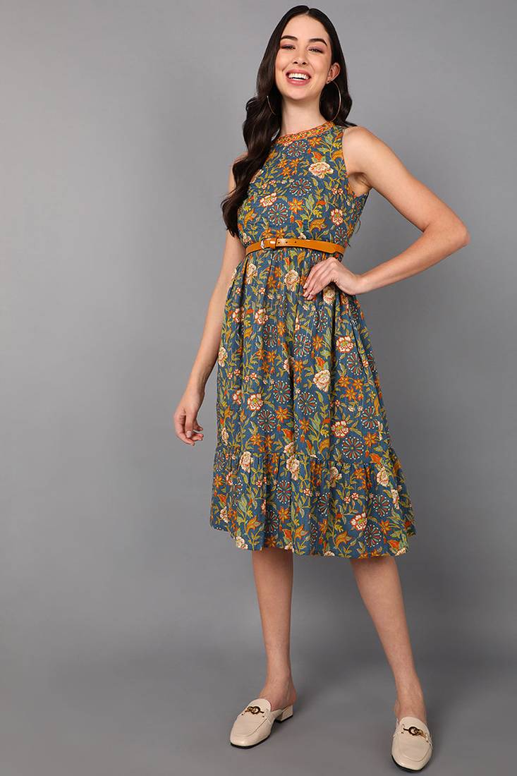 Women blue printed cotton kurti