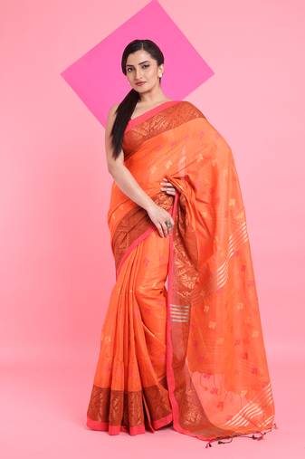 Orange tissue soft saree with texture designs