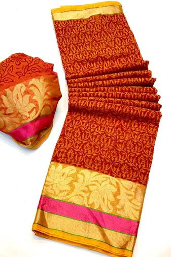 Koram Red Cotton Silk And  Printed Design Sareee With Blouse For Women