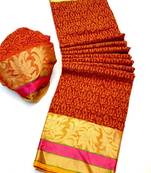 Koram Red Cotton Silk And  Printed Design Sareee With Blouse For Women