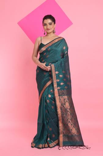 Teal linen saree with nakshi pallu