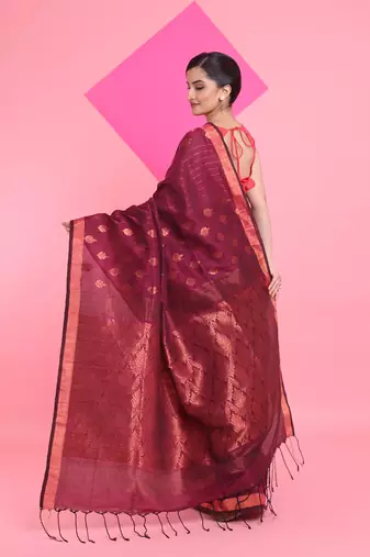 Magenta linen saree with nakshi pallu