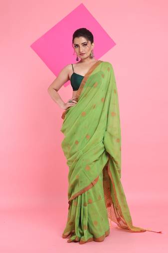 Light green cotton saree with texture pattern