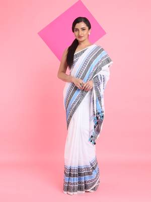 White cotton saree with texture borders 1