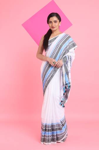 White cotton saree with texture borders