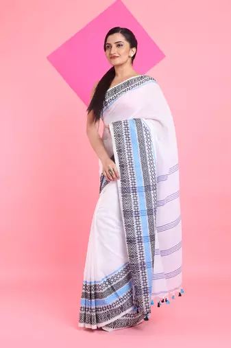 White cotton saree with texture borders