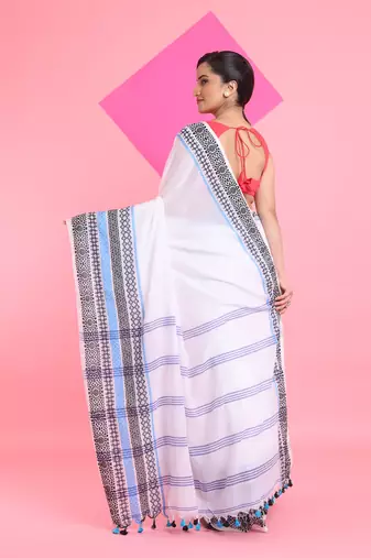 White cotton saree with texture borders