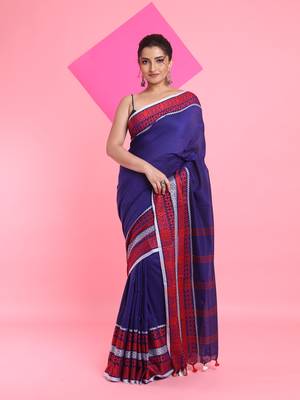 Blue cotton saree with texture borders 1