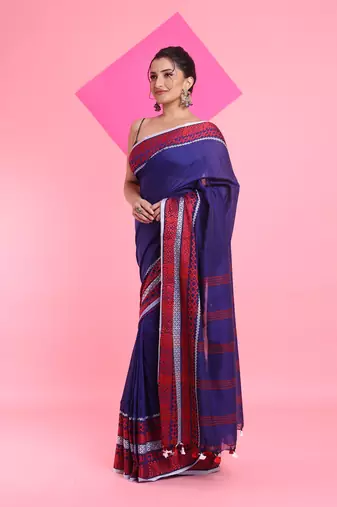 Blue cotton saree with texture borders