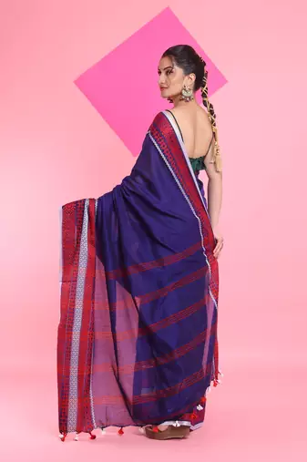 Blue cotton saree with texture borders