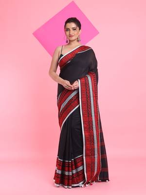 Black cotton saree with texture borders 1