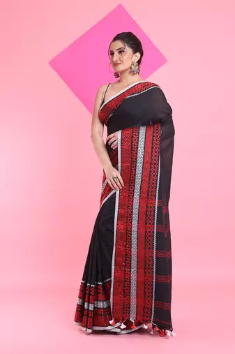 Black cotton saree with texture borders