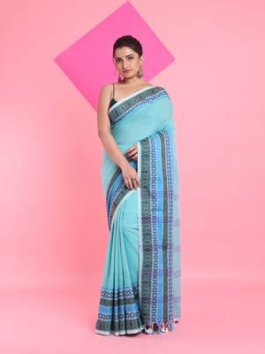 Sea green cotton saree with texture borders 1
