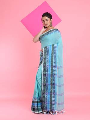 Sea green cotton saree with texture borders 2
