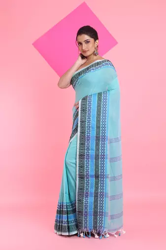 Sea green cotton saree with texture borders