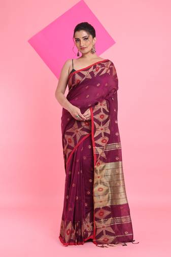 Purple cotton saree with texture pattern