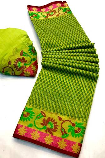 Koram Parrot Green Cotton Silk And  Printed Design Sareee With Blouse For Women
