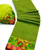 Koram Parrot Green Cotton Silk And  Printed Design Sareee With Blouse For Women