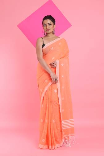 Orange cotton saree with texture pattern