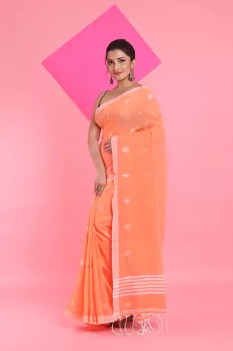 Orange cotton saree with texture pattern