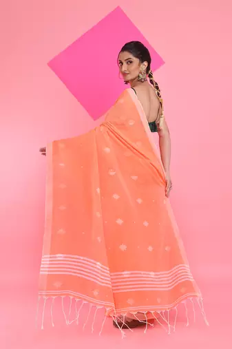 Orange cotton saree with texture pattern