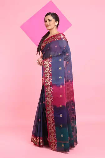 Grey Cotton Soft Saree With Floral Motifs Without Blouse