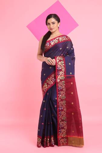 Blue Cotton Soft Saree With Floral Motifs Without Blouse