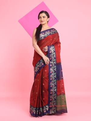 Red Cotton Soft Saree With Floral Motifs Without Blouse 1