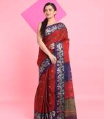Red Cotton Soft Saree With Floral Motifs Without Blouse