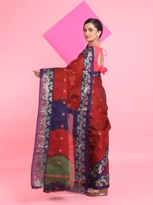 Red Cotton Soft Saree With Floral Motifs Without Blouse 3