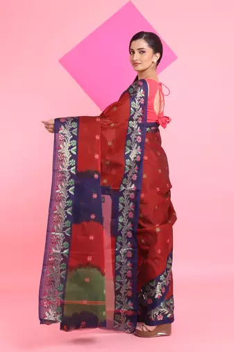 Red Cotton Soft Saree With Floral Motifs Without Blouse