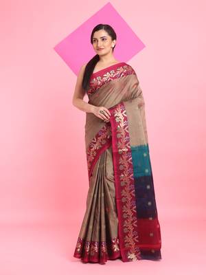 Beige Cotton Soft Saree With Floral Motifs Without Blouse 1