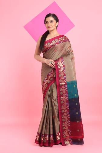 Beige Cotton Soft Saree With Floral Motifs Without Blouse