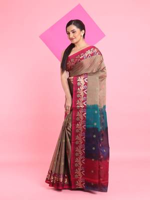 Beige Cotton Soft Saree With Floral Motifs Without Blouse 2