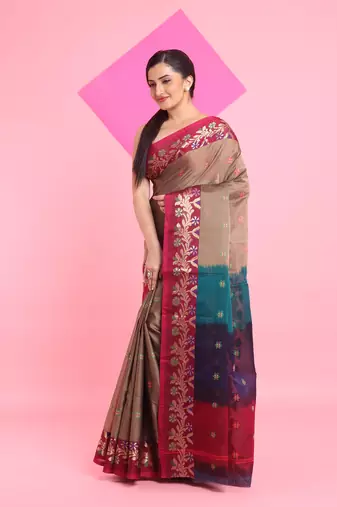 Beige Cotton Soft Saree With Floral Motifs Without Blouse