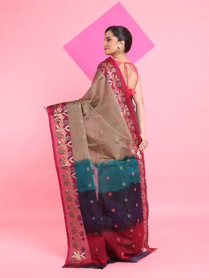 Beige Cotton Soft Saree With Floral Motifs Without Blouse 3
