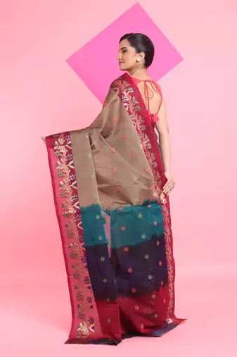 Beige Cotton Soft Saree With Floral Motifs Without Blouse
