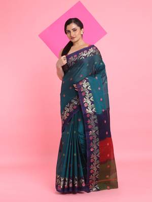 Teal Green Cotton Soft Saree With Floral Motifs Without Blouse 1