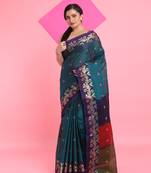 Teal Green Cotton Soft Saree With Floral Motifs Without Blouse