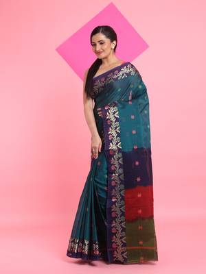 Teal Green Cotton Soft Saree With Floral Motifs Without Blouse 2