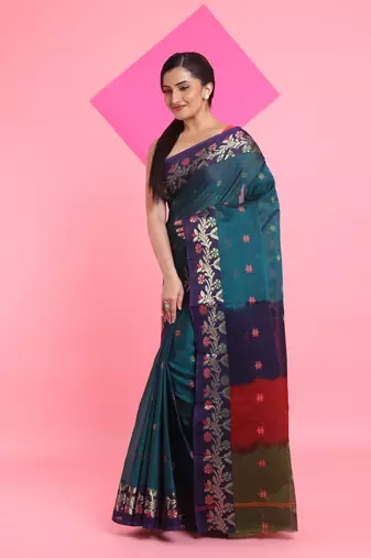 Teal Green Cotton Soft Saree With Floral Motifs Without Blouse